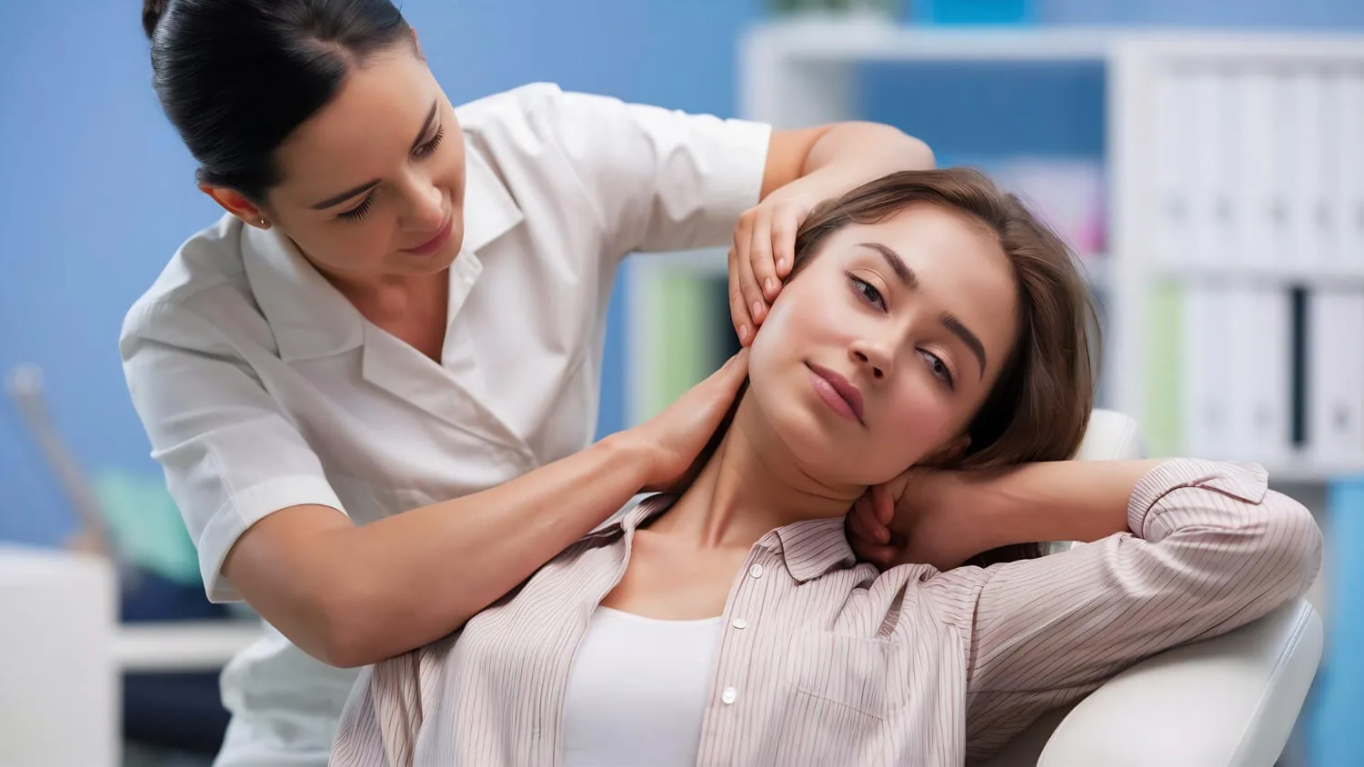 Chiropractor performing neck adjustment on female patient in medical office.