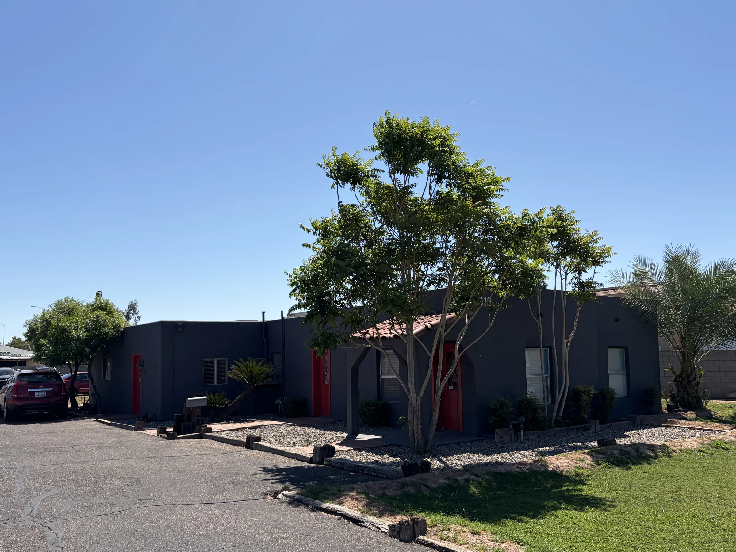Modern black building with red doors and large tree in front, Mesa Chiropractic Rehab And Wellness office exterior.