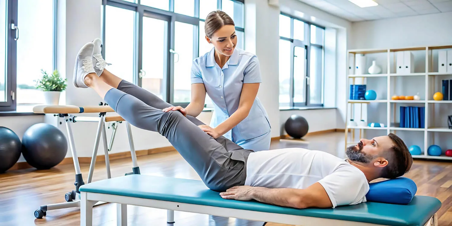 Physical therapist performing leg stretch on male patient lying on treatment table in bright clinic.